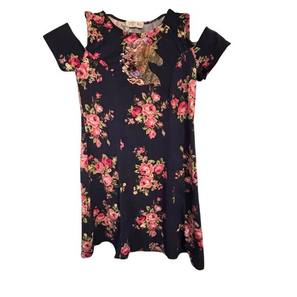 Beautees Unicorn Kids Dress-Navy and Pink Sequins Cold Shoulder Sz 10 Girls - Picture 1 of 5